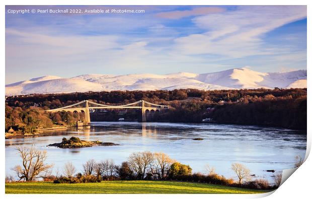 Menai Strait and Snowdonia in Winter Anglesey  Print by Pearl Bucknall