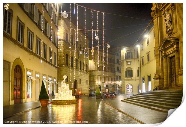 Christmas decorations Via Dei Tornabuoni in Florence Print by Angela Wallace