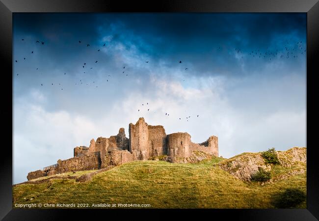 Birds circle over Carreg Cennen Castle Framed Print by Chris Richards