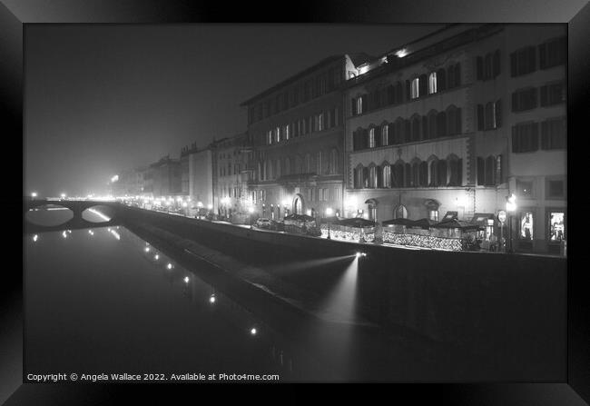Florence and the river Arno night time black and white Framed Print by Angela Wallace