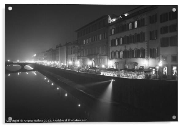 Florence and the river Arno night time black and white Acrylic by Angela Wallace
