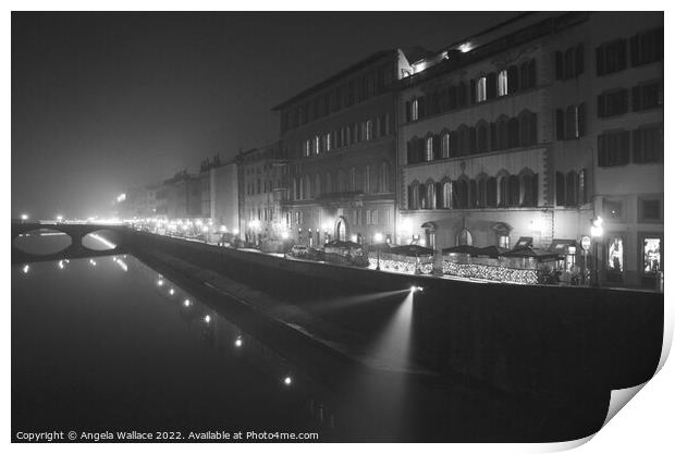 Florence and the river Arno night time black and white Print by Angela Wallace