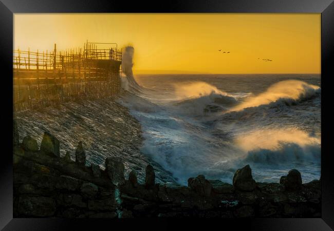 Storm Eunice at Porthcawl lighthouse Framed Print by Leighton Collins