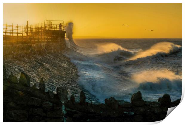 Storm Eunice at Porthcawl lighthouse Print by Leighton Collins