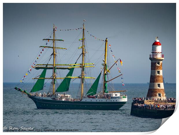 A Sailing Ship passing Roker Pier Print by Ron Sayer