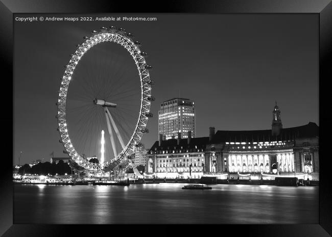 Nighttime Reflections of London Eye Framed Print by Andrew Heaps
