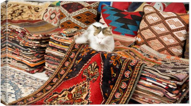 Colourful Turkish rugs and cushions with sleeping cat - Outdoor market, Istanbul Canvas Print by Gordon Dixon