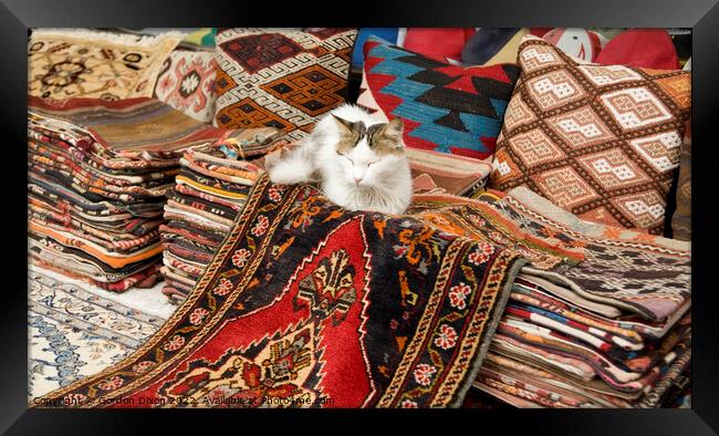 Colourful Turkish rugs and cushions with sleeping cat - Outdoor market, Istanbul Framed Print by Gordon Dixon