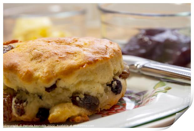 Freshly Baked Fruit Scone with Fresh Butter and Jam in the background Print by Pamela Reynolds