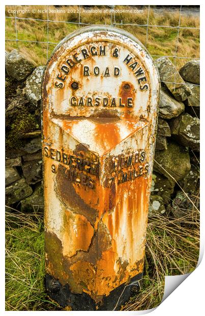 Old Road Milestone Garsdale Cumbria  Print by Nick Jenkins