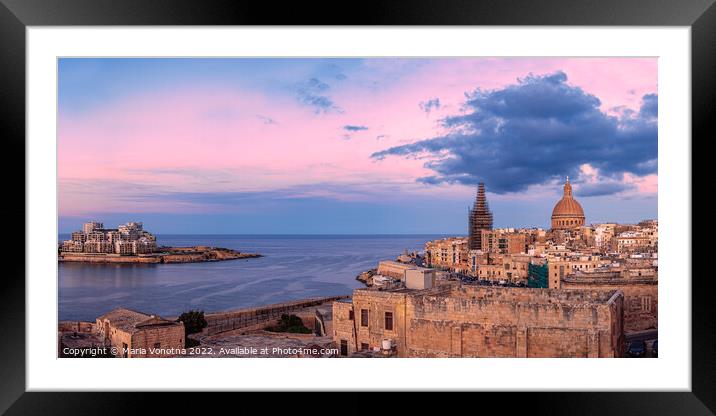 Panoramic view of sunset over Valletta Framed Mounted Print by Maria Vonotna