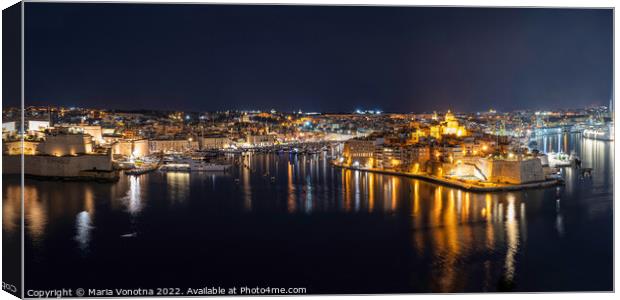 Panoramic view of Three cities in Malta at night Canvas Print by Maria Vonotna