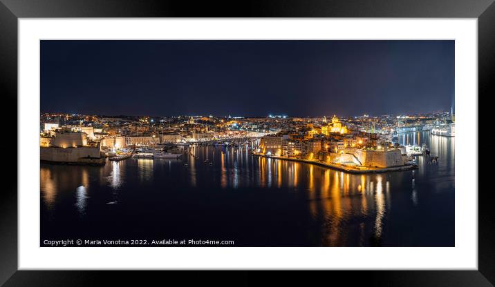 Panoramic view of Three cities in Malta at night Framed Mounted Print by Maria Vonotna