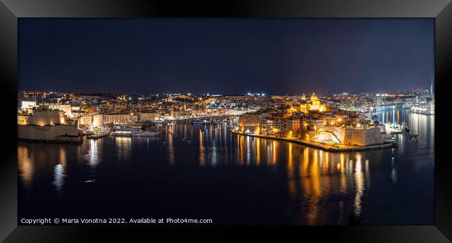 Panoramic view of Three cities in Malta at night Framed Print by Maria Vonotna