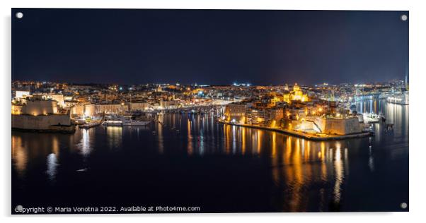 Panoramic view of Three cities in Malta at night Acrylic by Maria Vonotna