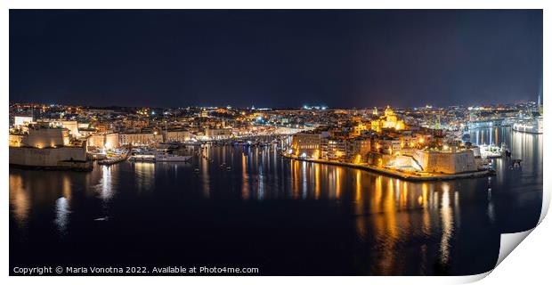 Panoramic view of Three cities in Malta at night Print by Maria Vonotna