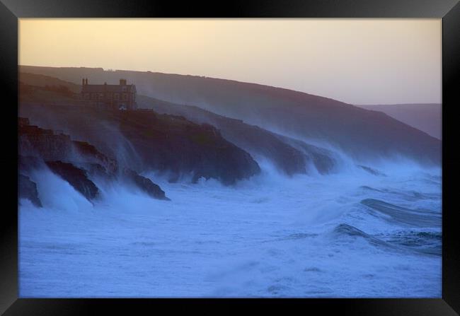 Storm Eunice - Porthleven Clifftop Framed Print by David Neighbour