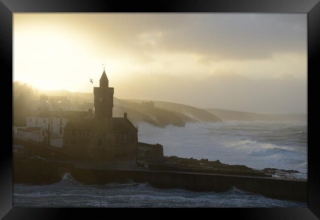 Storm Eunice - Porthleven Clocktower Framed Print by David Neighbour