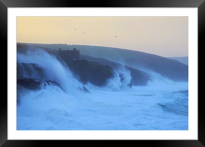 Storm Eunice - Porthleven Waves Framed Mounted Print by David Neighbour