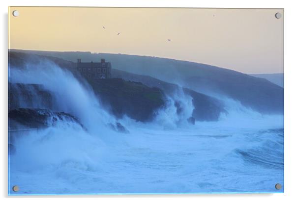 Storm Eunice - Porthleven Waves Acrylic by David Neighbour