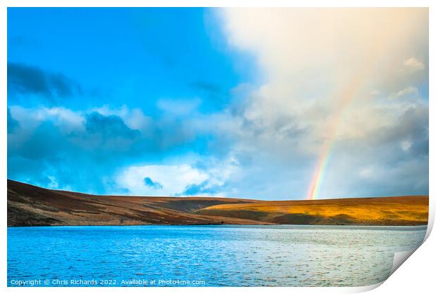 Rainbow at Upper Lliw Reservoir Print by Chris Richards