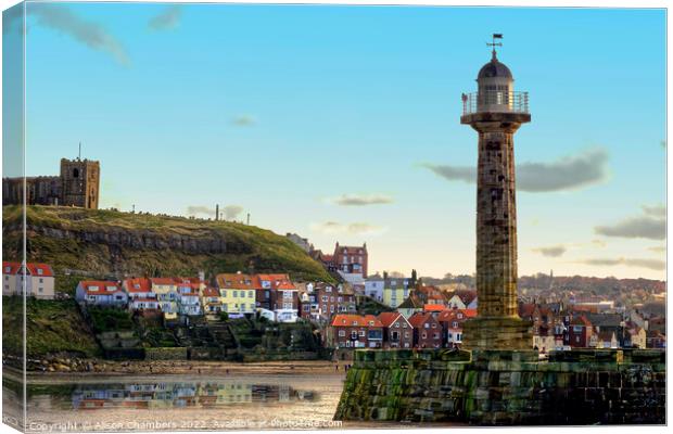 Whitby Harbour Lighthouse, North Yorkshire Coast  Canvas Print by Alison Chambers
