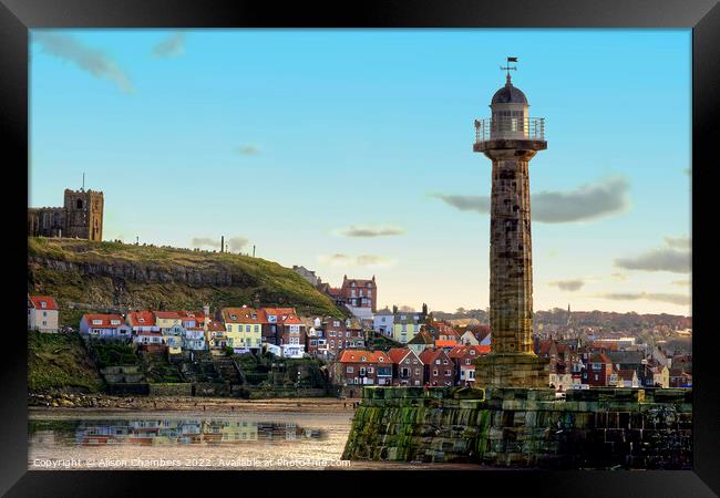 Whitby Harbour Lighthouse, North Yorkshire Coast  Framed Print by Alison Chambers