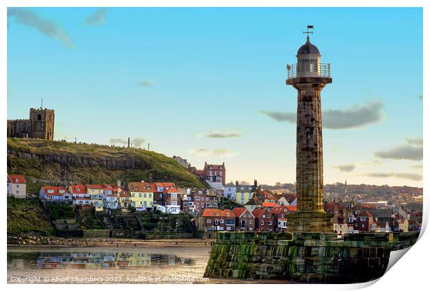 Whitby Harbour Lighthouse, North Yorkshire Coast  Print by Alison Chambers