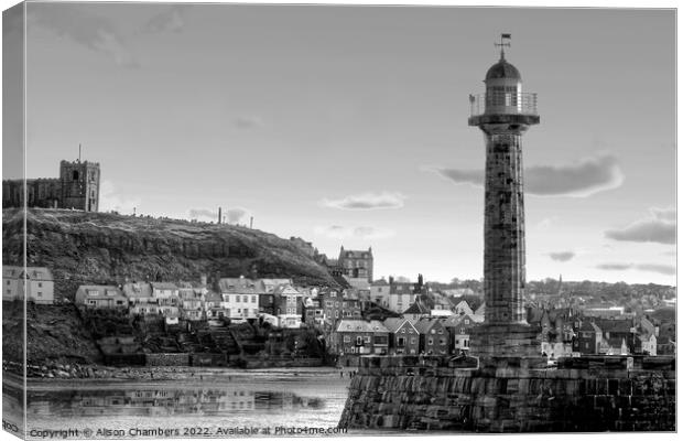 Whitby Harbour Lighthouse Black and White, North Y Canvas Print by Alison Chambers