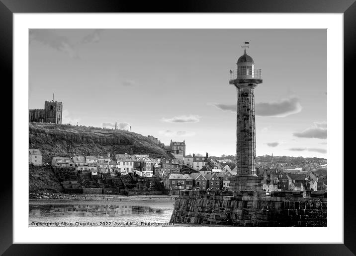 Whitby Harbour Lighthouse Black and White, North Y Framed Mounted Print by Alison Chambers