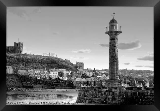 Whitby Harbour Lighthouse Black and White, North Y Framed Print by Alison Chambers