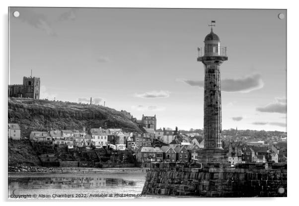Whitby Harbour Lighthouse Black and White, North Y Acrylic by Alison Chambers