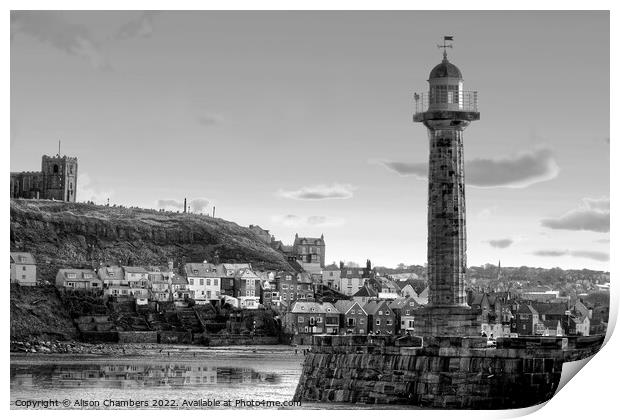 Whitby Harbour Lighthouse Black and White, North Y Print by Alison Chambers