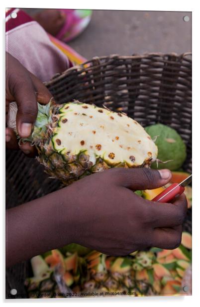 Preparing a pineapple for eating - roadside seller, Ghana Acrylic by Gordon Dixon