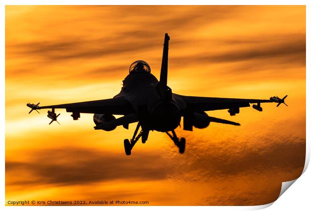 F-16 sunset landing Print by Kris Christiaens