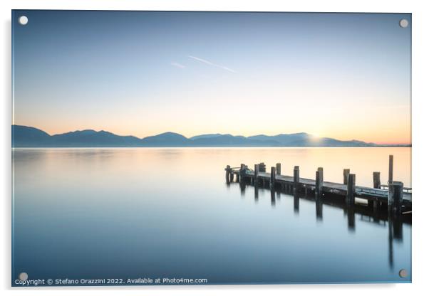 Wooden pier at sunrise. Lake Massaciuccoli Acrylic by Stefano Orazzini