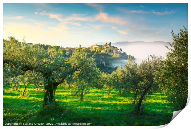 Trevi picturesque village and olive trees in a foggy morning. Print by Stefano Orazzini