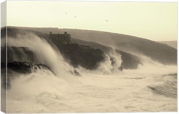 Storm Eunice - Porthleven Waves Sepia Canvas Print by David Neighbour