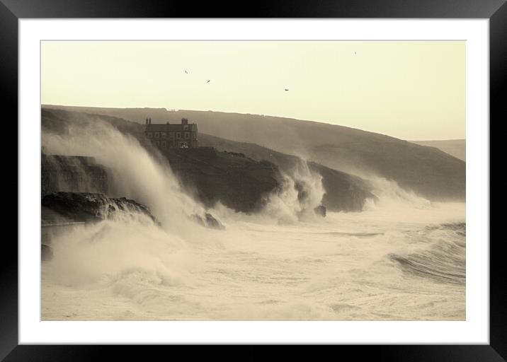 Storm Eunice - Porthleven Waves Sepia Framed Mounted Print by David Neighbour