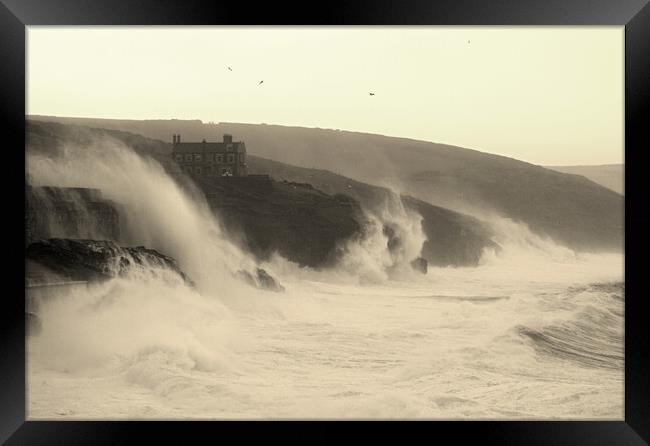 Storm Eunice - Porthleven Waves Sepia Framed Print by David Neighbour