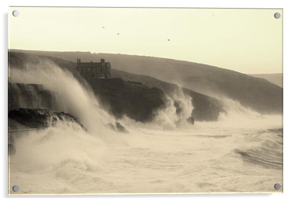 Storm Eunice - Porthleven Waves Sepia Acrylic by David Neighbour