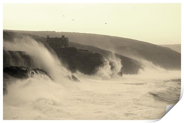 Storm Eunice - Porthleven Waves Sepia Print by David Neighbour