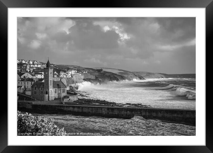 Black & White, Storm Eunice, Porthleven, Cornwall Framed Mounted Print by Rika Hodgson