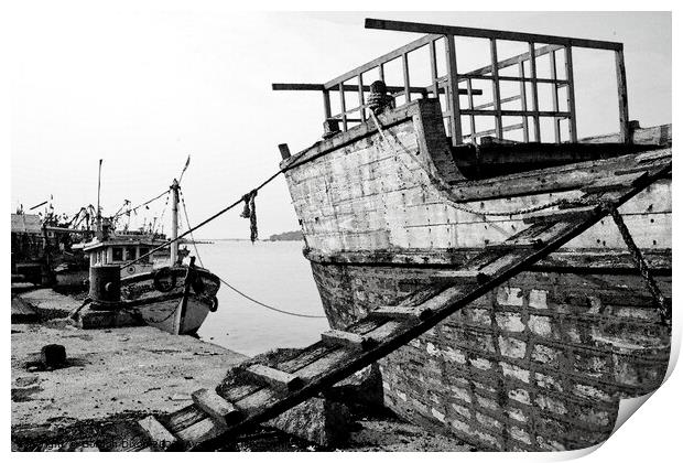 Wooden ship undergoing repairs in Mangalore - watercolour conversion of B&W image Print by Gordon Dixon