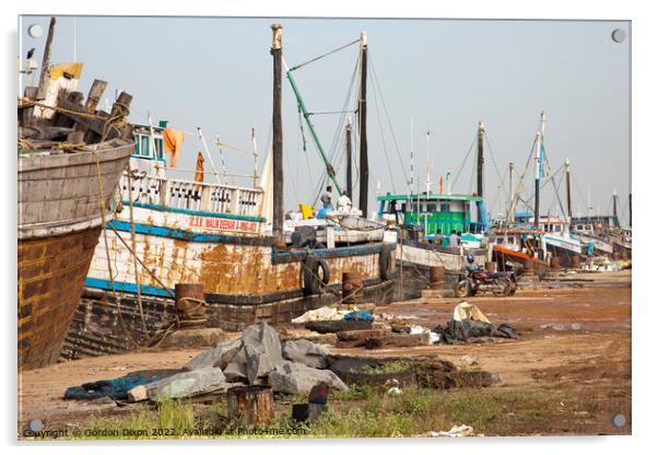 Cargo ships lined up along the quay - Mangalore, India Acrylic by Gordon Dixon