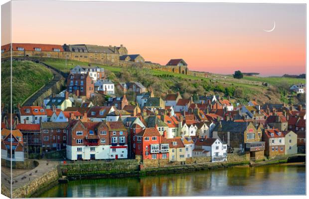 Moonrise Over Whitby Harbour  Canvas Print by Alison Chambers