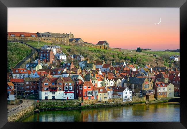 Moonrise Over Whitby Harbour  Framed Print by Alison Chambers