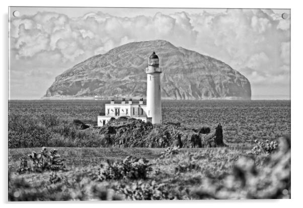 Turnberry lighthouse and Ailsa Craig (b&w) Acrylic by Allan Durward Photography