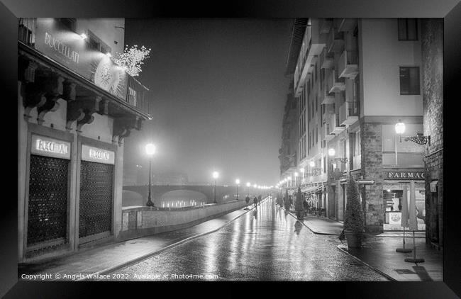 A wet night in Florence black and white  Framed Print by Angela Wallace