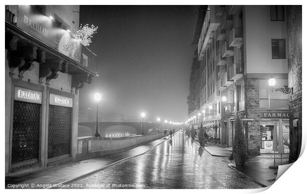 A wet night in Florence black and white  Print by Angela Wallace